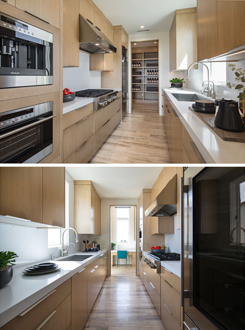 This secondary kitchen and pantry has light wood cabinets and white countertops. #ModernKitchen #KitchenDesign