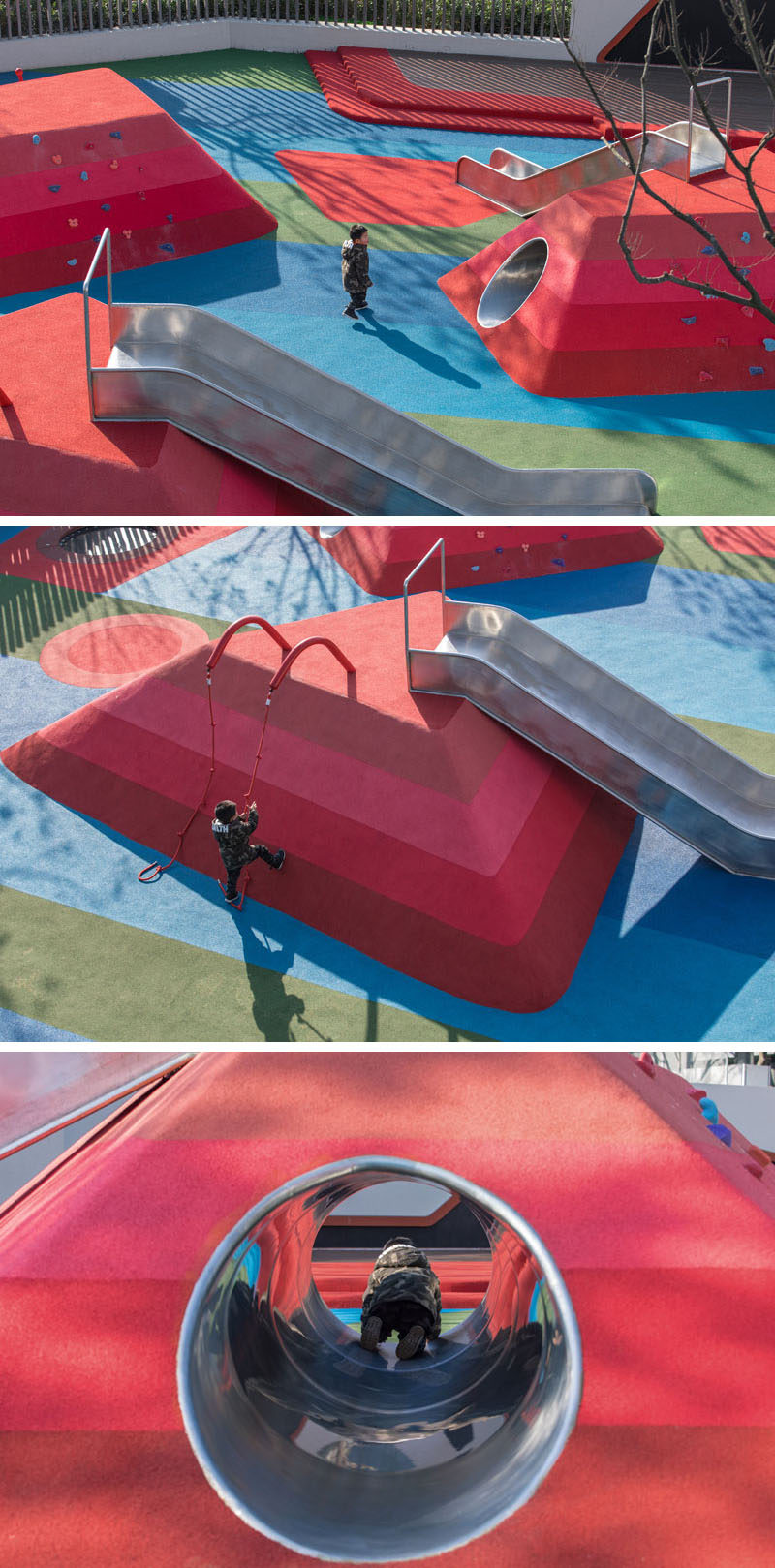 This modern kids playground has mountain-shaped play mounds with tunnels, slides and climbing walls. #Playground #Landscaping
