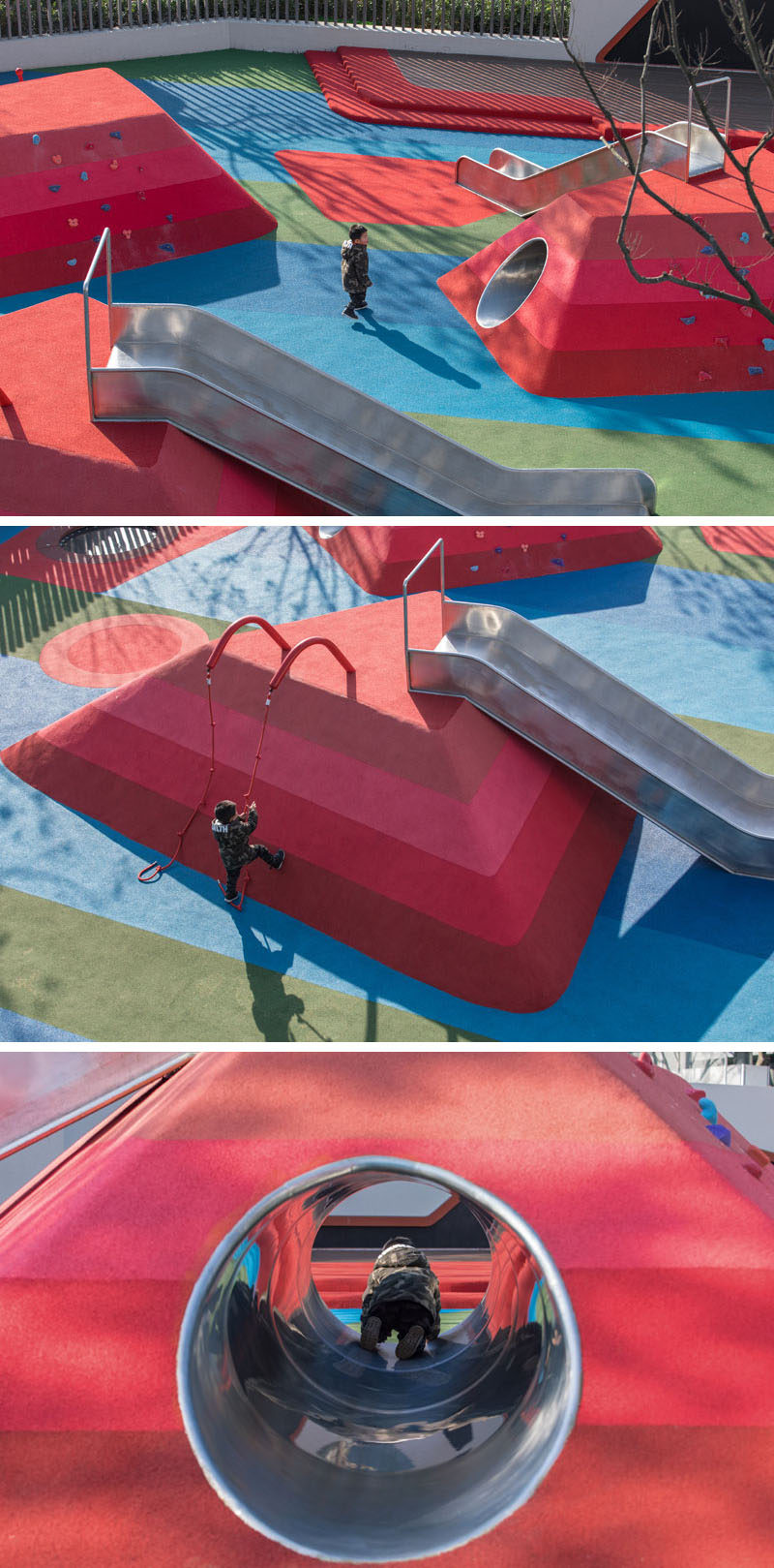 This modern kids playground has mountain-shaped play mounds with tunnels, slides and climbing walls. #Playground #Landscaping