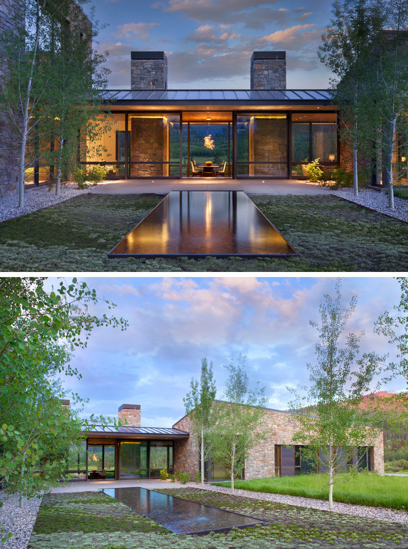 This modern house has a courtyard with a modern water feature. #Landscaping #WaterFeature