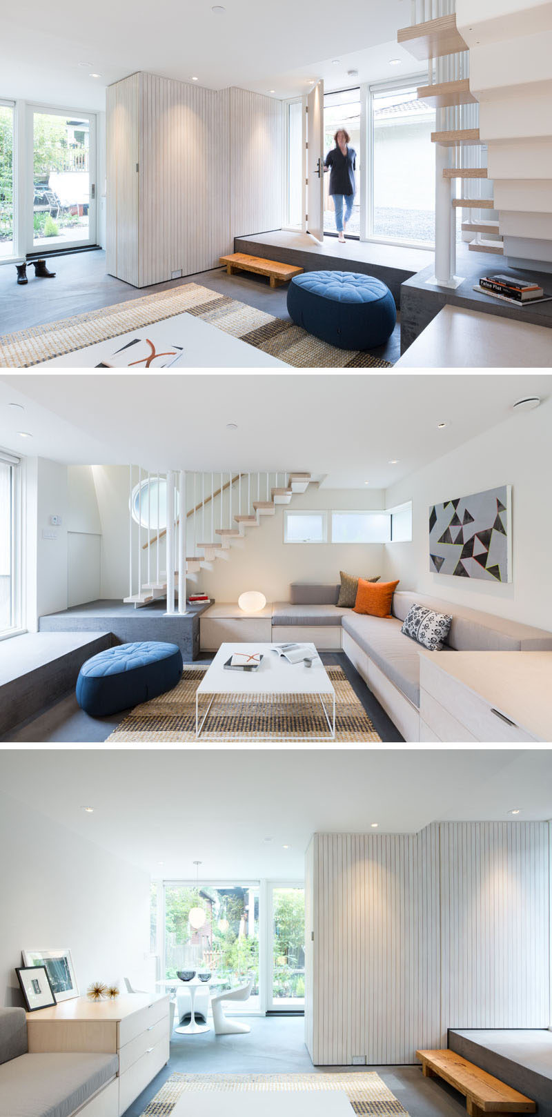 Entering this modern laneway house, there's a step down into the living room. Minimal custom designed furniture and bright white walls make the small space feel larger. #LanewayHouse #SmallLiving #LivingRoom