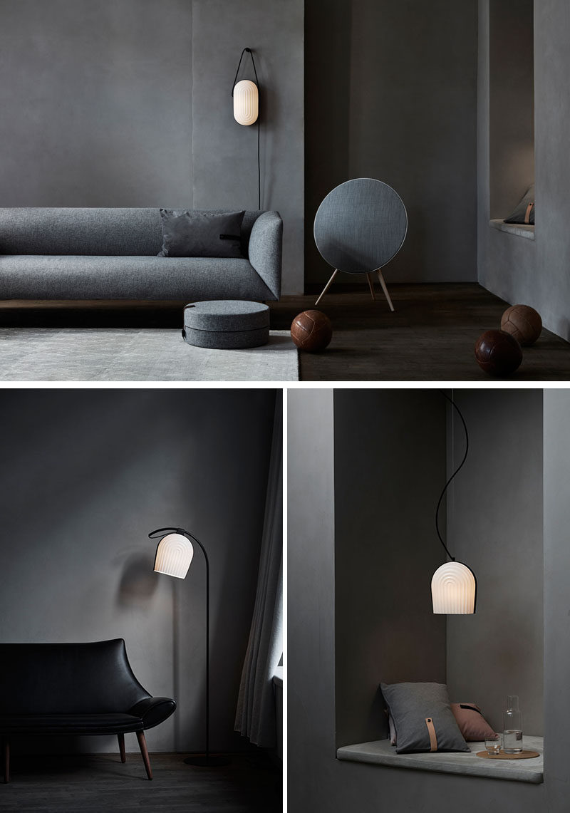 Manér Studio have designed the ARC lighting collection that was inspired by architecture and made with white pleated shades and black colored oak elements. #Lighting #Design