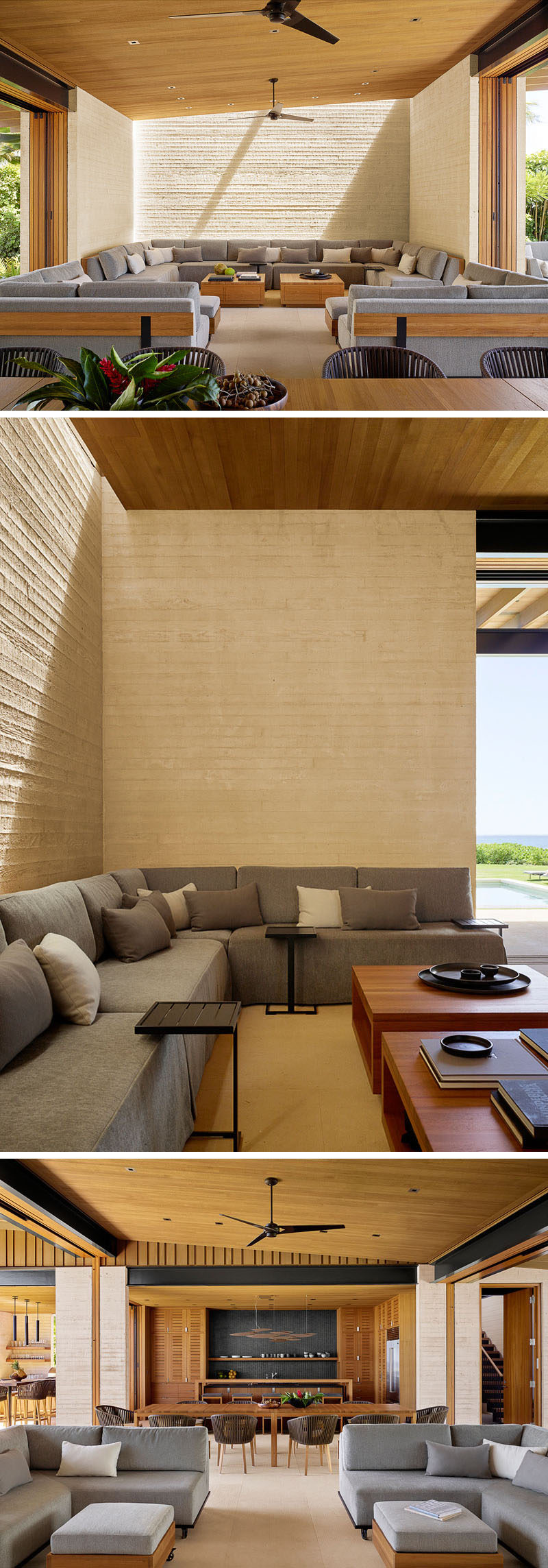 Inside this open beach house, there's a custom couch design that fits in one end of the room. Light sand colored walls, wood and grey furniture create a relaxed and comfortable space. #LivingRoom #OpenPlanLiving