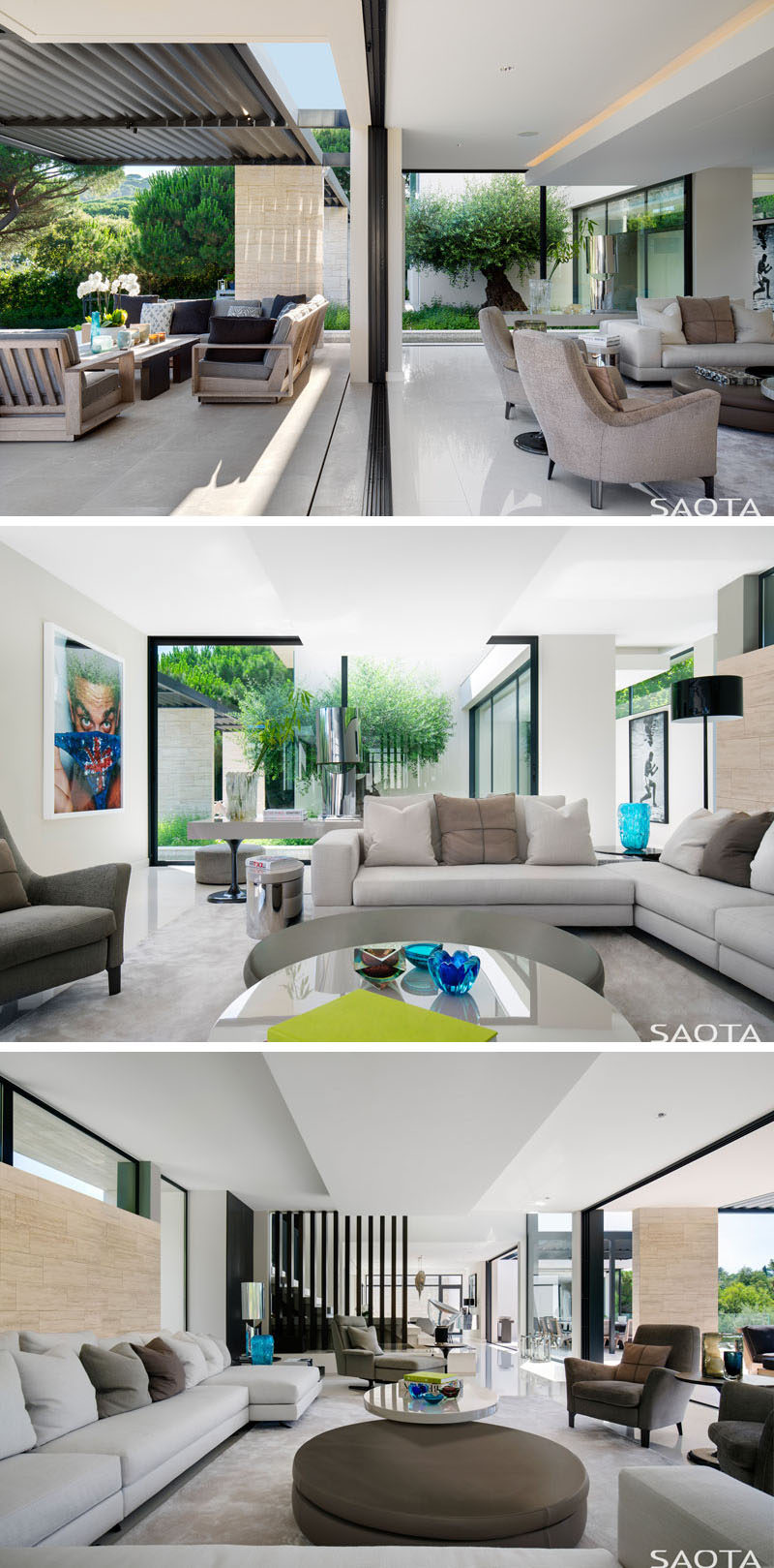 The interior spaces of this modern house open up to the terrace, creating a seamless indoor/outdoor living experience. In the living room, comfortable furnishings surround a coffee table. #ModernLivingRoom #LivingRoom