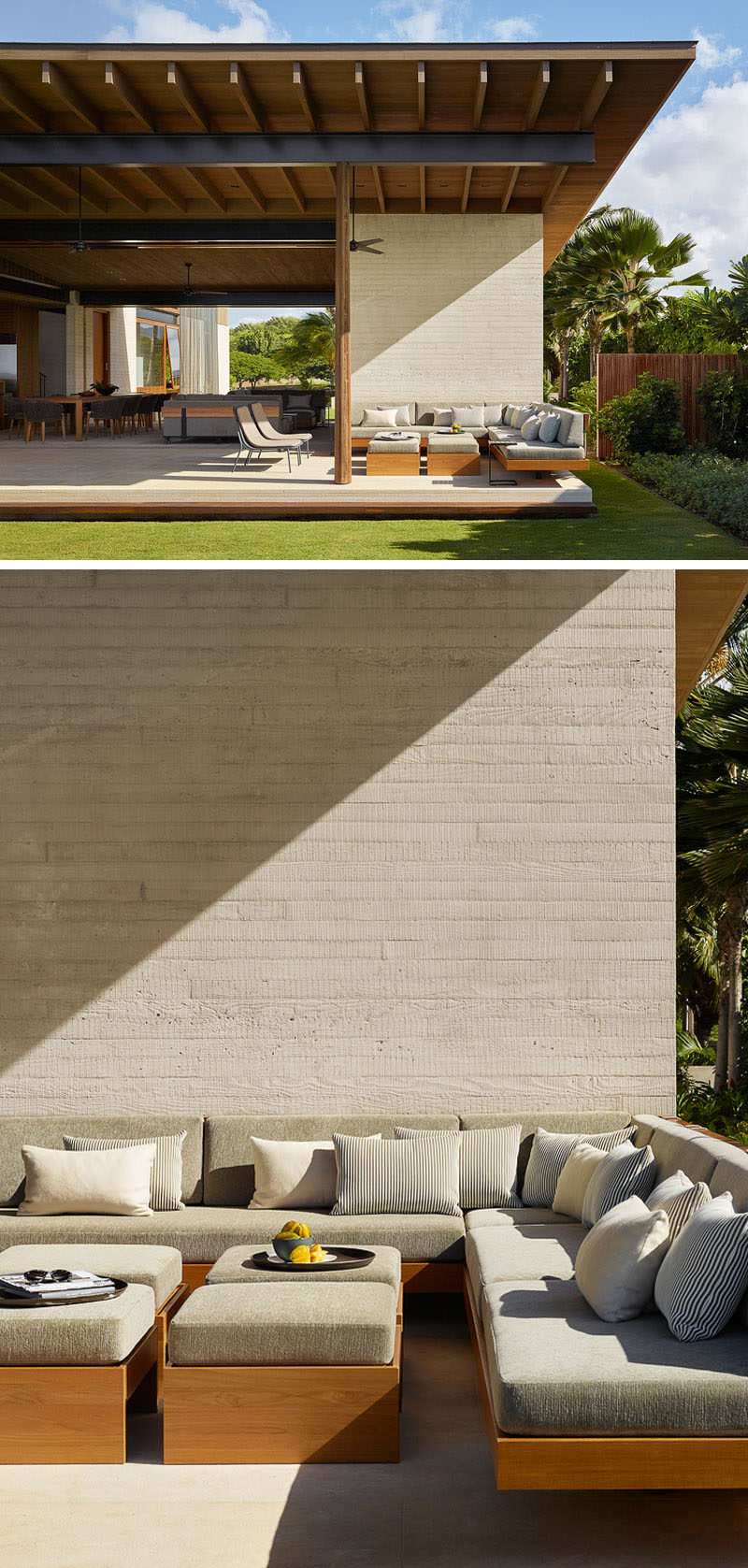 This modern beach house in Hawaii has an outdoor lounge area with grey and wood furniture. #OutdoorLounge