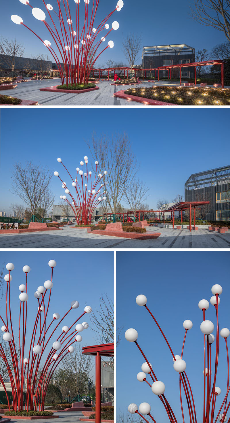 In the center of this public plaza is the Pomegranate Flower, a light sculpture inspired by the stamens of the pomegranate flower. #Sculpture #Art #Park #PublicArt