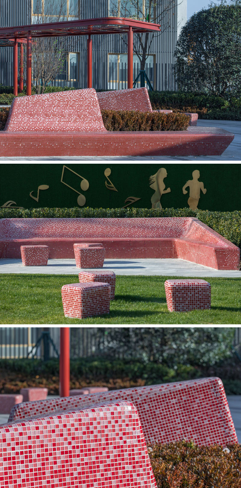 This part has sculptural seating that's covered in red and pink tiles which complement the color of the pergola. #PublicSeating #StreetFurniture