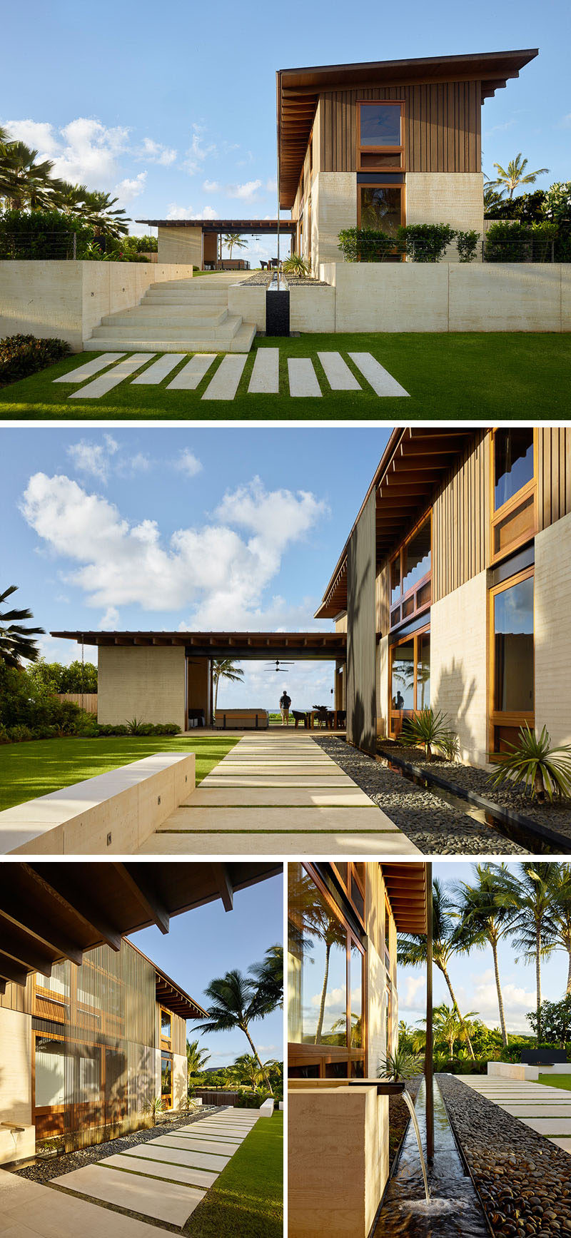 This modern beach house has a copper mesh rain curtain that creates a layer of privacy on the park side of the home, manages run-off rainwater from the roof and acts as a fountain and rain feature. #ModernBeachHouse #CopperMesh #Landscaping