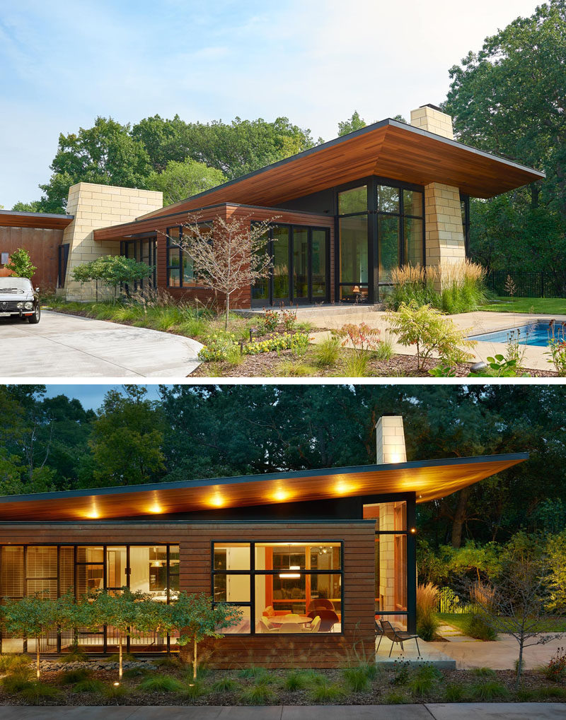 This modern ranch house uses a variety of key materials throughout its design, like Corten Steel wall panels, natural Cedar, ground and polished concrete and Kasota limestone. #ModernRanchHouse #ModernArchitecture #HouseDesign