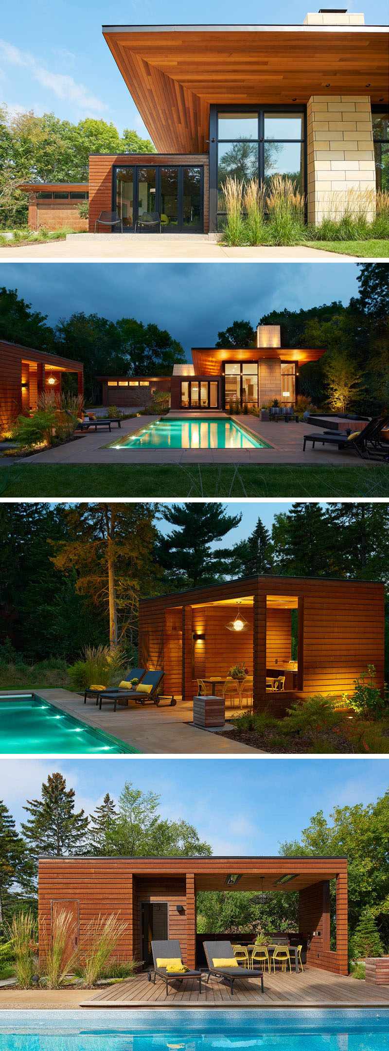 This modern ranch house has an outdoor space with a swimming pool, deck and cabana with an outdoor kitchen and dining area. Looking back at the house, the cantilevered roof plane shields the living spaces from the summer sun. #SwimmingPool #Cabana #ModernArchitecture