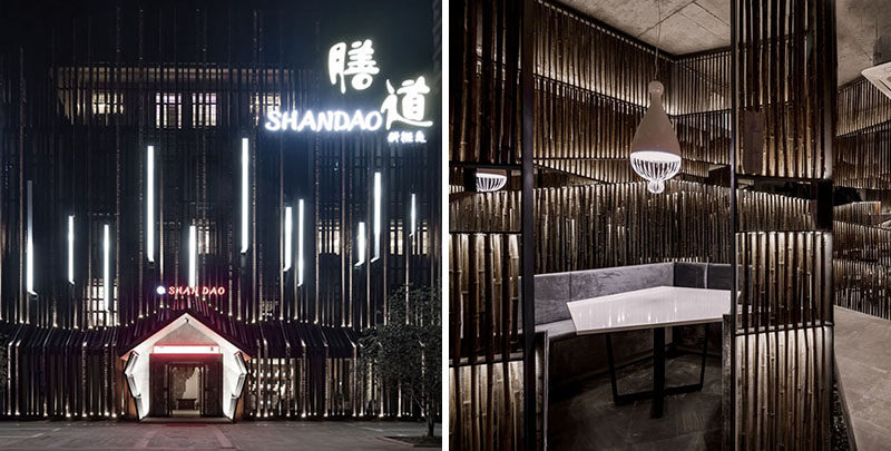 This modern restaurant in China uses bamboo and lighting to create a dramatic interior. #RestaurantDesign #Bamboo