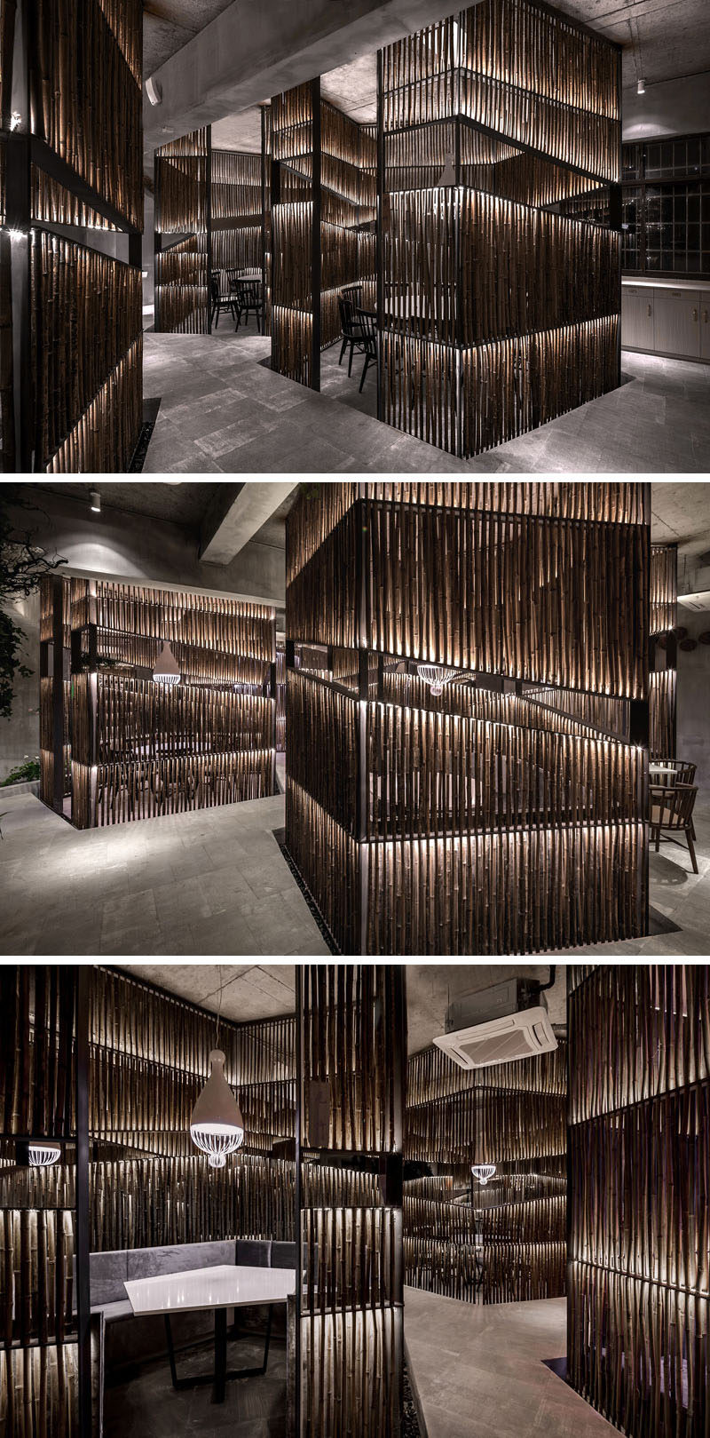 Bamboo has been heavily used throughout this modern restaurant. In the dining areas, bamboo is used to create private spaces for small groups. #ModernRestaurant #Bamboo #RestaurantDesign