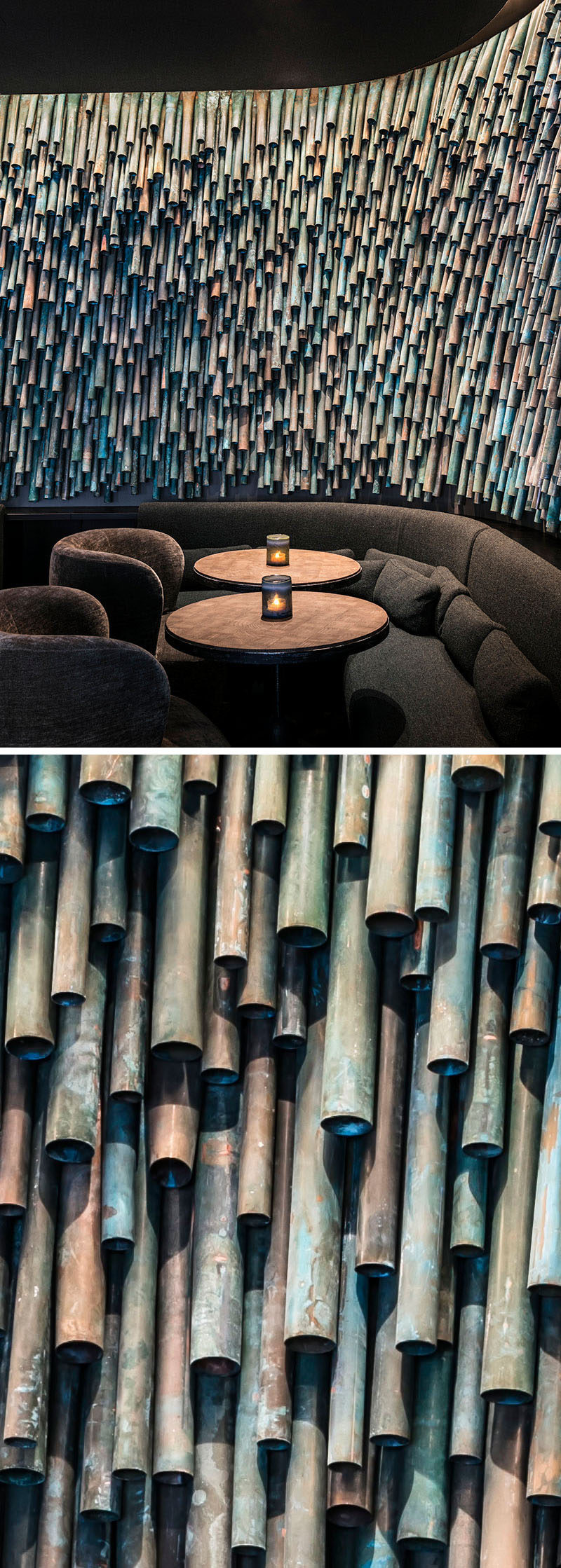 Designer Raphael Navot has used oxidised copper tubes to create a unique and interesting accent wall in a restaurant within a hotel. #AccentWall #Copper #Design