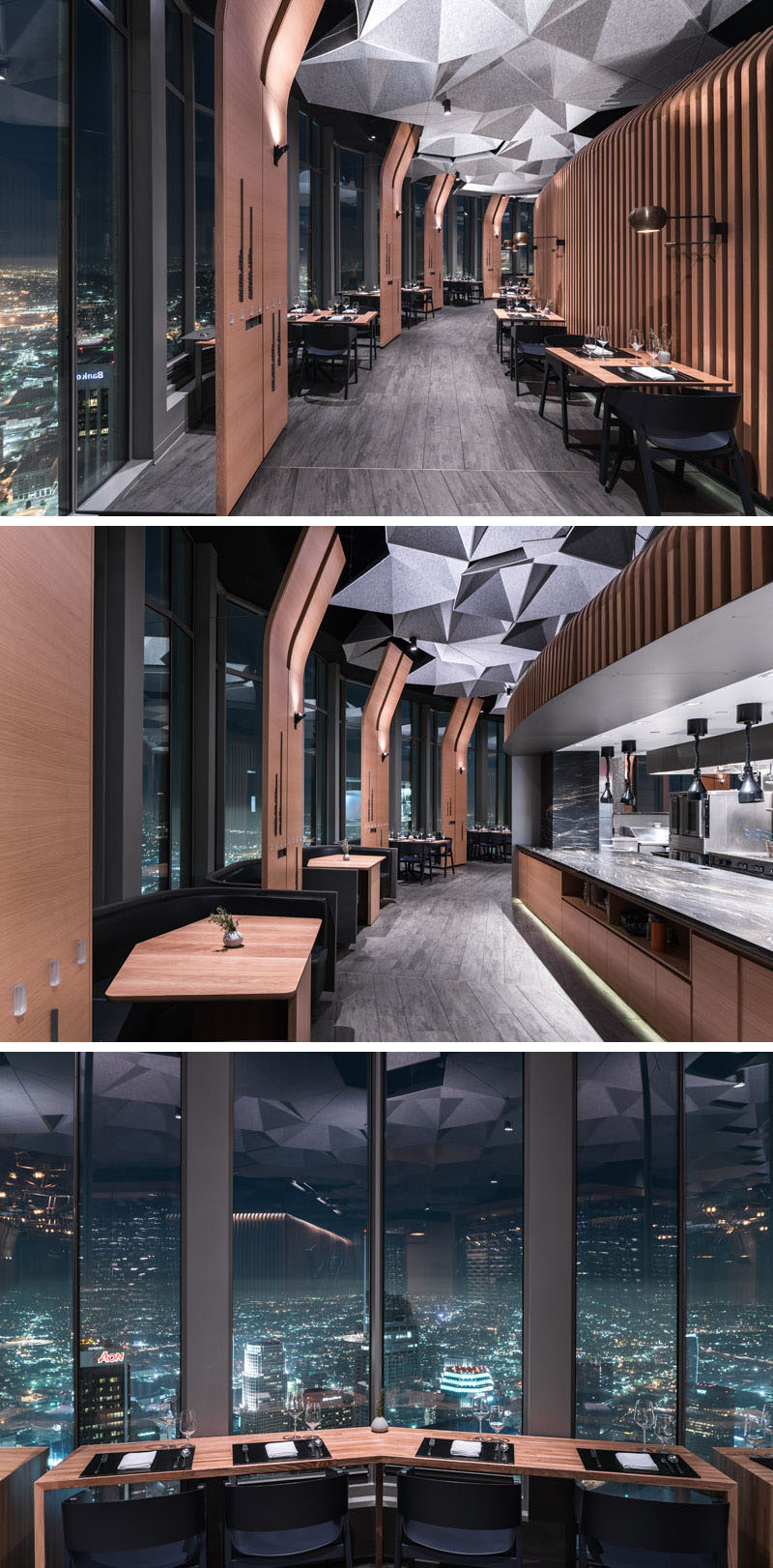 Tag Front Architects have designed 71 Above, a modern restaurant in Los Angeles, California, that wraps around the entire top floor of the US Bank Tower and has 360 degree views. #ModernRestaurant #RestaurantDesign