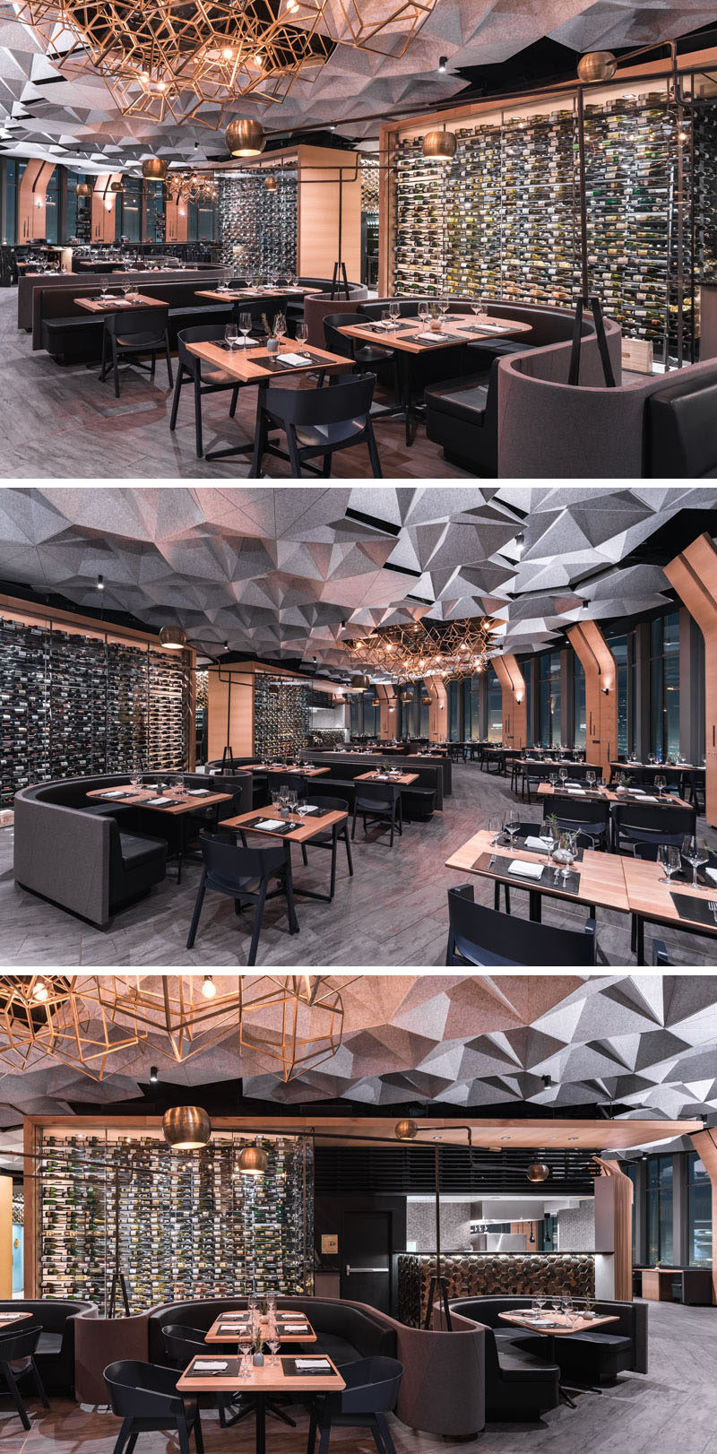 This modern restaurant has large glass walls located behind the dining booths that show off the wine selection available for guests. #WineStorage #WineWall #Restaurant