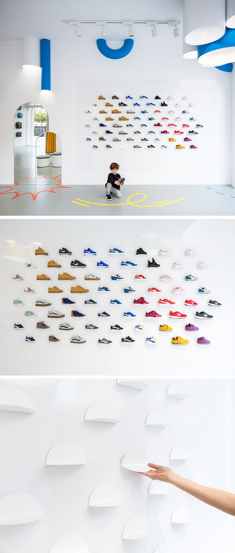 In this modern retail store, magnetic display plates on the walls and movable stands on the floor allow the design and layout to be changed when needed. #ShoeDisplay #ModernRetailStore