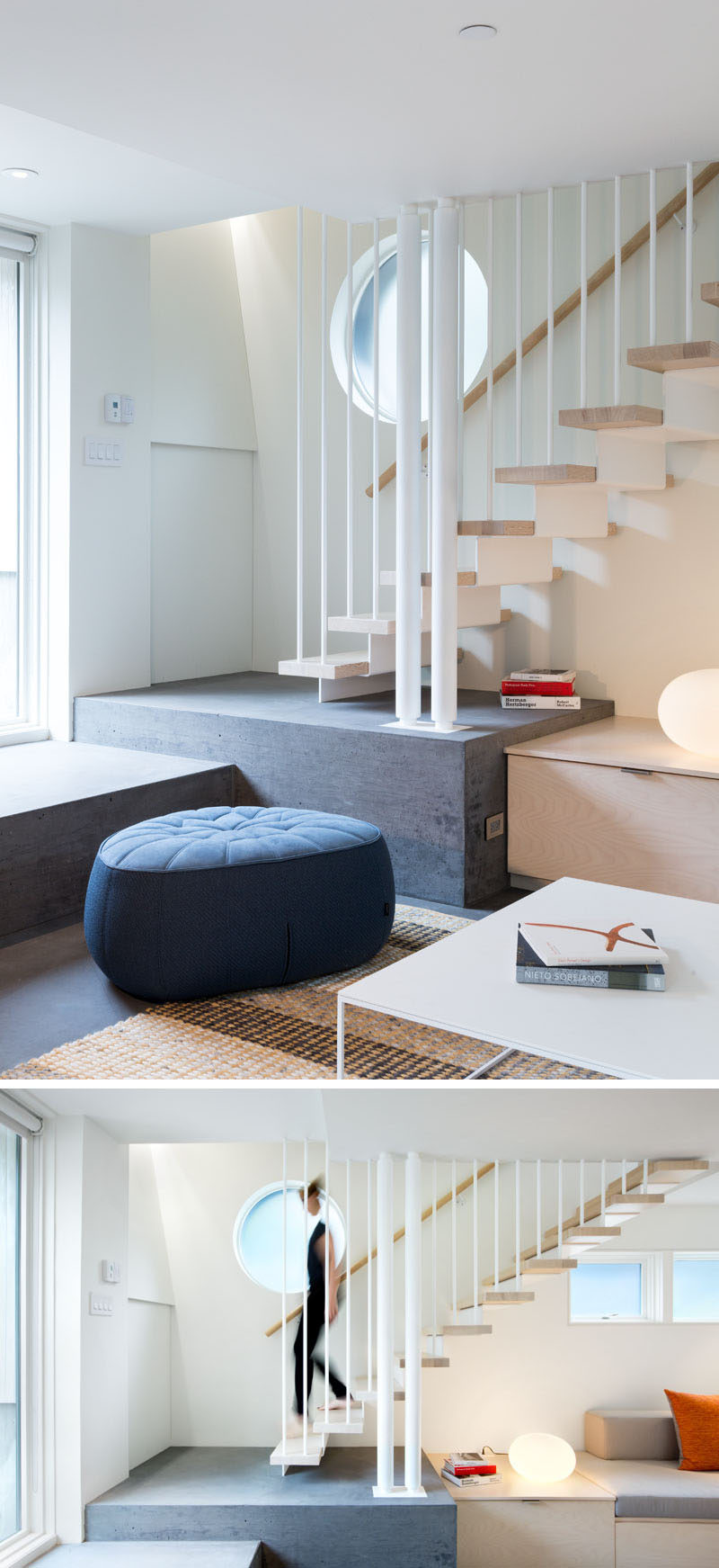 This small laneway house has a set of white painted steel and wood stairs that lead to the bedroom and bathroom upstairs. #Stairs #WhiteAndWood