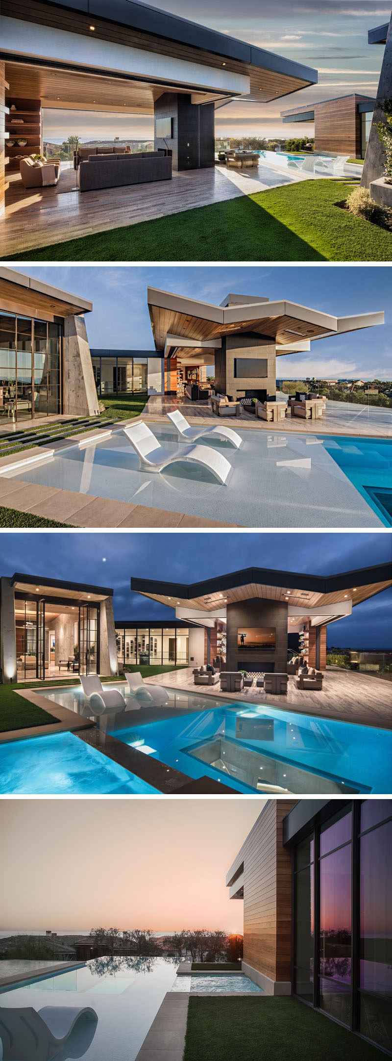 The living room of this modern house opens up to the backyard and swimming pool. The angled roof line stands out above the outdoor lounge that's focused on the fireplace. There's also a swimming pool that looks out to the view, and within in the swimming pool is a window into the basement. #SwimmingPool #OutdoorFireplace #Architecture