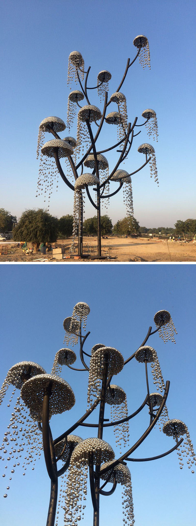 Indian designer and artist Vibhor Sogani has designed a modern stainless steel sculpture named "Kalpavriksha - the wish fulfilling tree". #Sculpture #Art #PublicArt