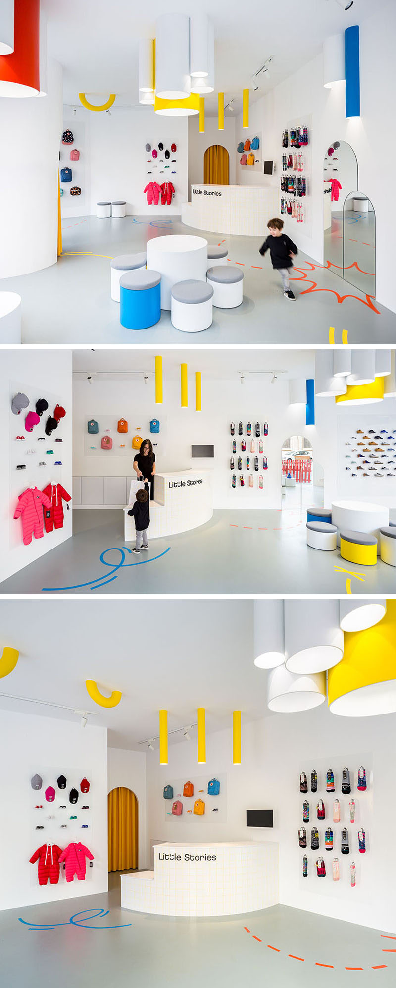 In this modern retail store, a curved sales counter complements the curved shapes of the lighting and display units, while the colorful clothing, shoes and accessories 'pop' against the white background, drawing the eye of potential customers. #ModernRetailStore #WhiteRetailStore
