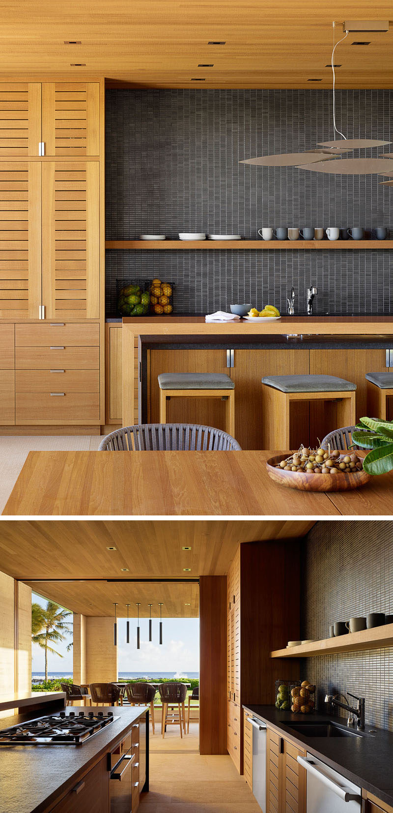 In this modern kitchen, dark grey tiles and dark counters contrast the light wood cabinets and ceiling. #ModernKitchen #WoodAndGrey