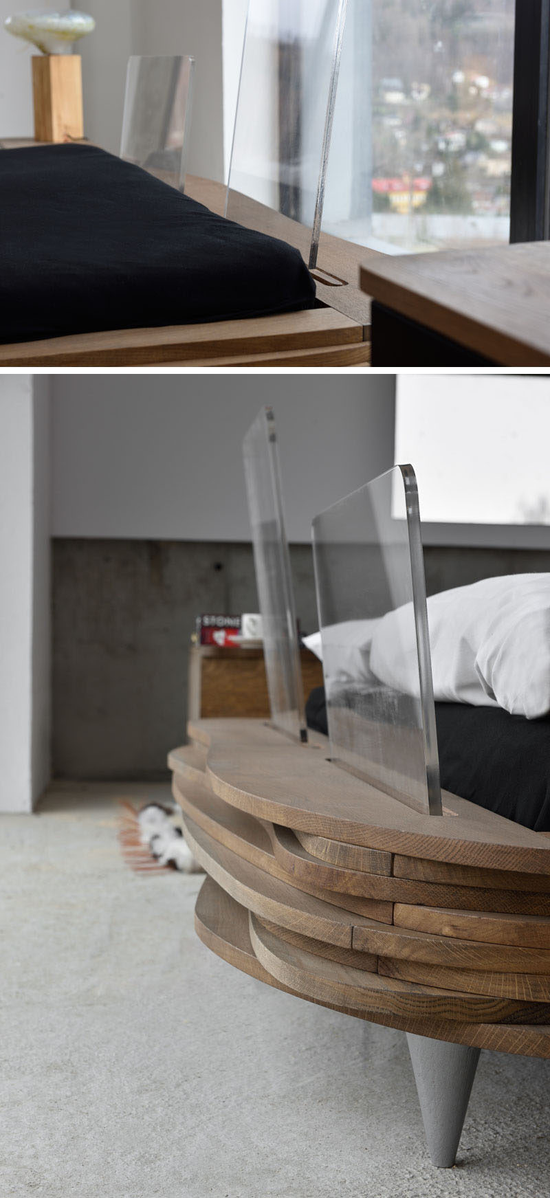 ORGANIQUE is a modern wood bed by furniture design brand Gie El, and it's made from wavy layers of natural oak wood with a transparent headboard. #ModernBed #WoodBedFrame