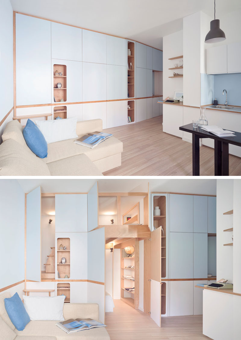 This small studio apartment has a custom designed plywood wall unit that has two sleeping areas and plenty of storage. #SmallApartment #InteriorDesign