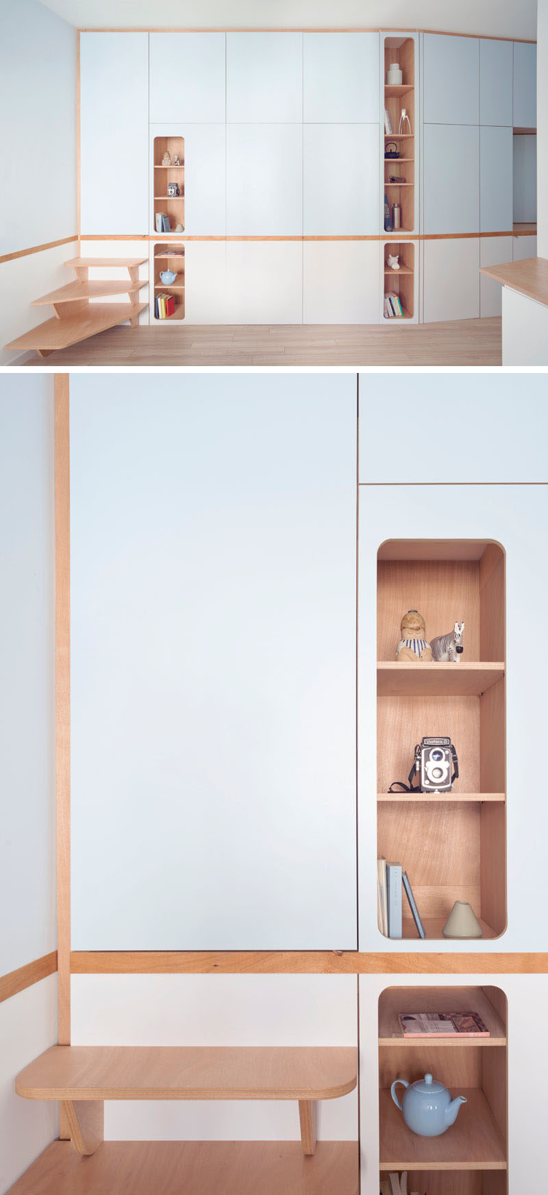 This small studio apartment has a custom designed plywood wall unit that has two sleeping areas and plenty of storage. #SmallApartment #InteriorDesign