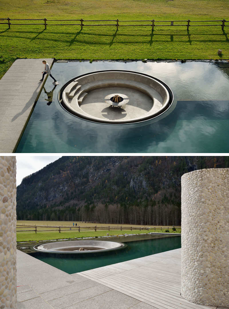 Architecture firm ENOTA have designed a wellness center in Slovenia, and as part of the design, they included a sunken firepit within the swimming pool. #SunkenFirepit #Firepit #SwimmingPool