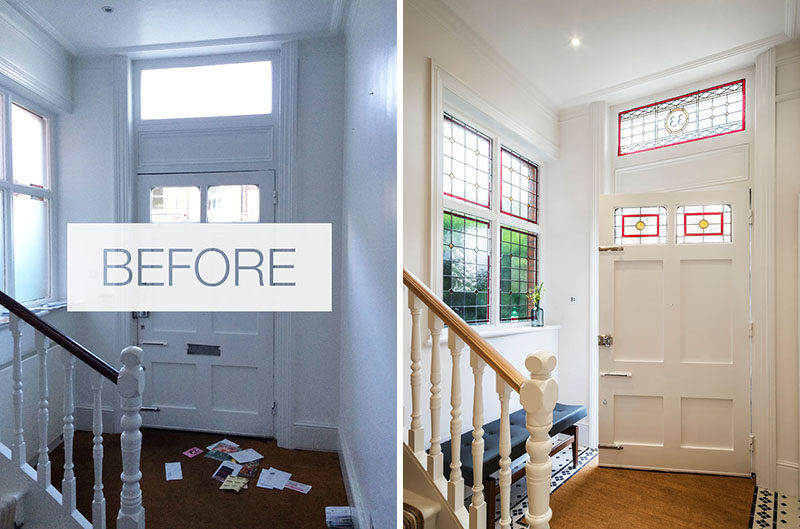 This refurbished house has has stained glass added in the fan light window above the front door and side window, in a bespoke design, bringing light, color and texture into the hallway.