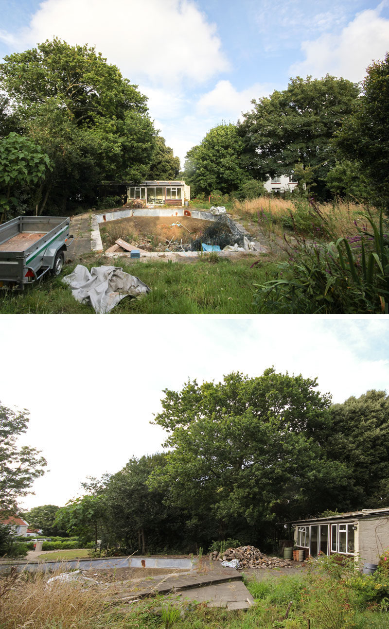 Before Pic - DLM Architects have recently completed a new modern family house on the island of Guernsey, that replaces a run down lot surrounded by trees.