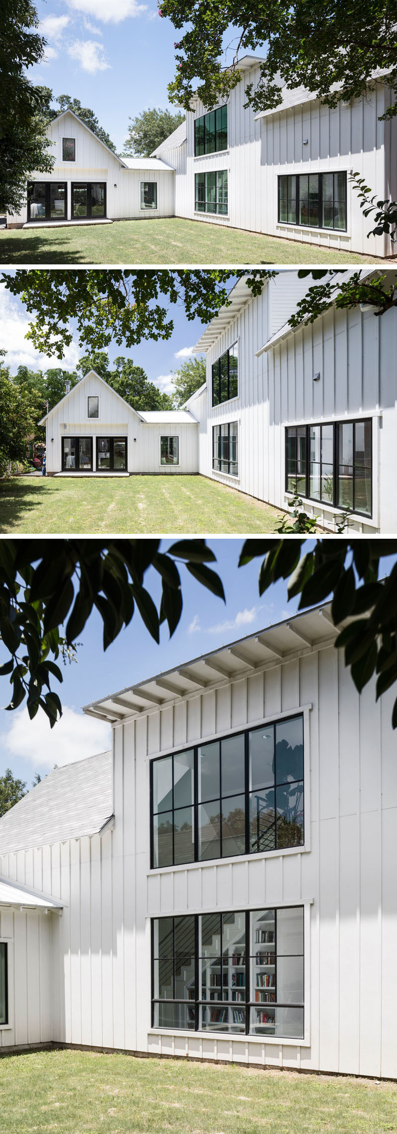 The backyard of this contemporary house is a large open space with plenty of grass, while back window frames create a strong contrast against the white exterior of the house. #BlackWindowFrames #Backyard