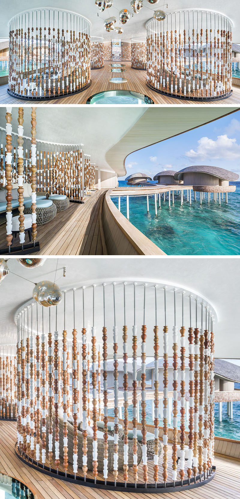 This modern spa in the Maldives uses abacus-like partition walls to create a sense of privacy but at the same time, allowing the breeze to travel through the space. #ModernSpa #PartitionWall #RoomDivider