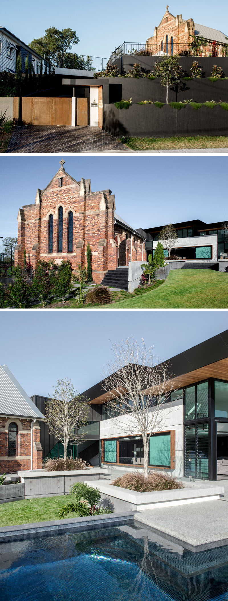 Architecture firm DAHA have completed the 'Church House’, a 2 storey hillside residential extension and adaptation of the heritage listed ‘Church of Transfiguration’, that's located in Brisbane, Australia. #ChurchRenovation #Architecture #ModernHouse