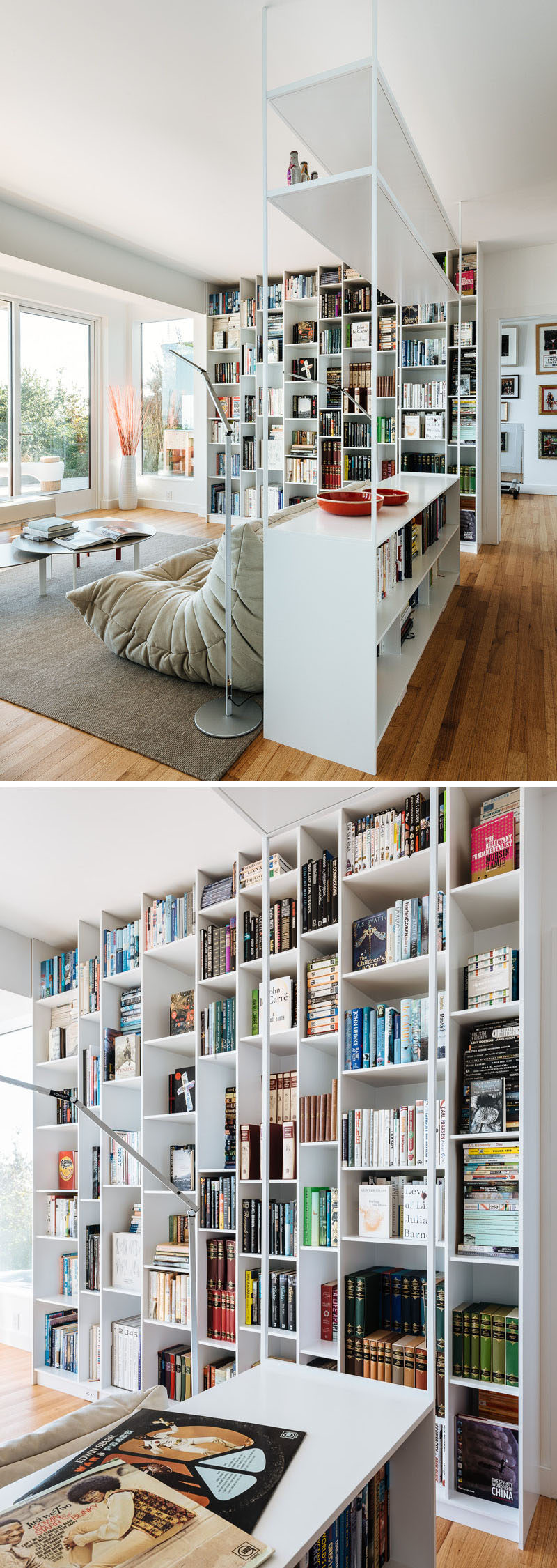 This modern interior has a floor-to-ceiling bookshelf that measures in at 9 feet tall and has asymmetrical compartments so every item has a place of significance. #Shelving #Bookshelf