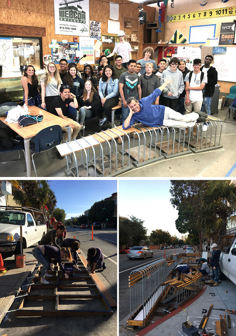 Youth Art Exchange (YAX) youth architects from the YAX Architecture Firm, lead by faculty architect Kali Gordon and John O'Connell High School Construction Instructor Chris Wood, developed an innovated parklet design utilizing reclaimed cedar and conduit pipes. #Parklet #Landscaping #Design