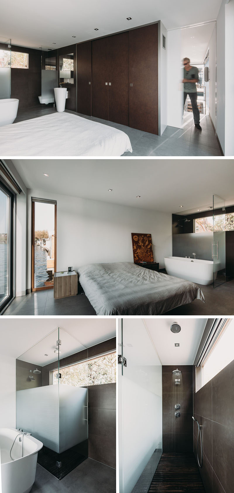 This simple and modern bedroom and bathroom share the same space with a partially frosted glass wall separating the shower and toilet from the rest of the room. #Bedroom #Bathroom