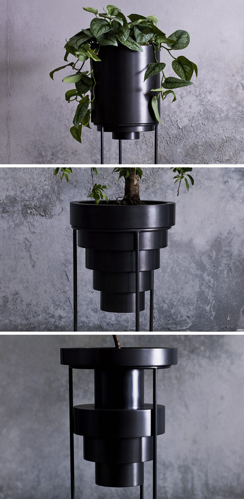 New York based designer and artist Anna Karlin, has created a collection of modern plant stands named 'Layered Planters', that are made from cold rolled stainless steel. #ModernPlanters #MinimalistHomeDecor