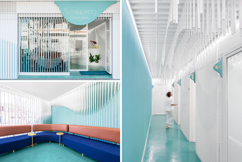 Masquespacio have designed Somriures, a new modern dental clinic in a small town in Spain, that features a sculpture made from 2884 wood strips. #DentalClinic #InteriorDesign