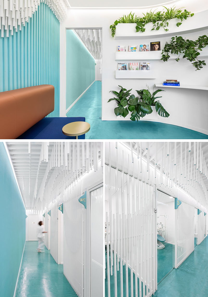 This modern dental clinic features a wood stick sculpture that carries through from the waiting room to the treatment rooms. #DentalClinic #Shelving #Sculpture #InteriorDesign