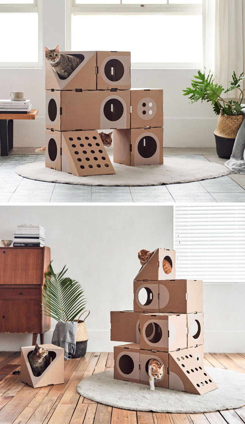 Design studio A Cat Thing have created a fun cardboard cat furniture that has a cariety of shapes and sizes. #CatFurniture #Cats #Design