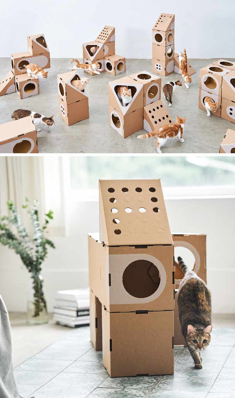 Design studio A Cat Thing have created a fun cardboard cat furniture that has a cariety of shapes and sizes. #CatFurniture #Cats #Design