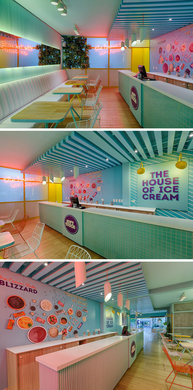 This modern ice cream store has a service counter on the right-hand-side with a turquoise tiled facade and a white countertop. Behind the bar, there's graphics depicting the flavors, and on the wall at the end of the space, is a bright pink neon sign. #RetailStore #IceCreamShop