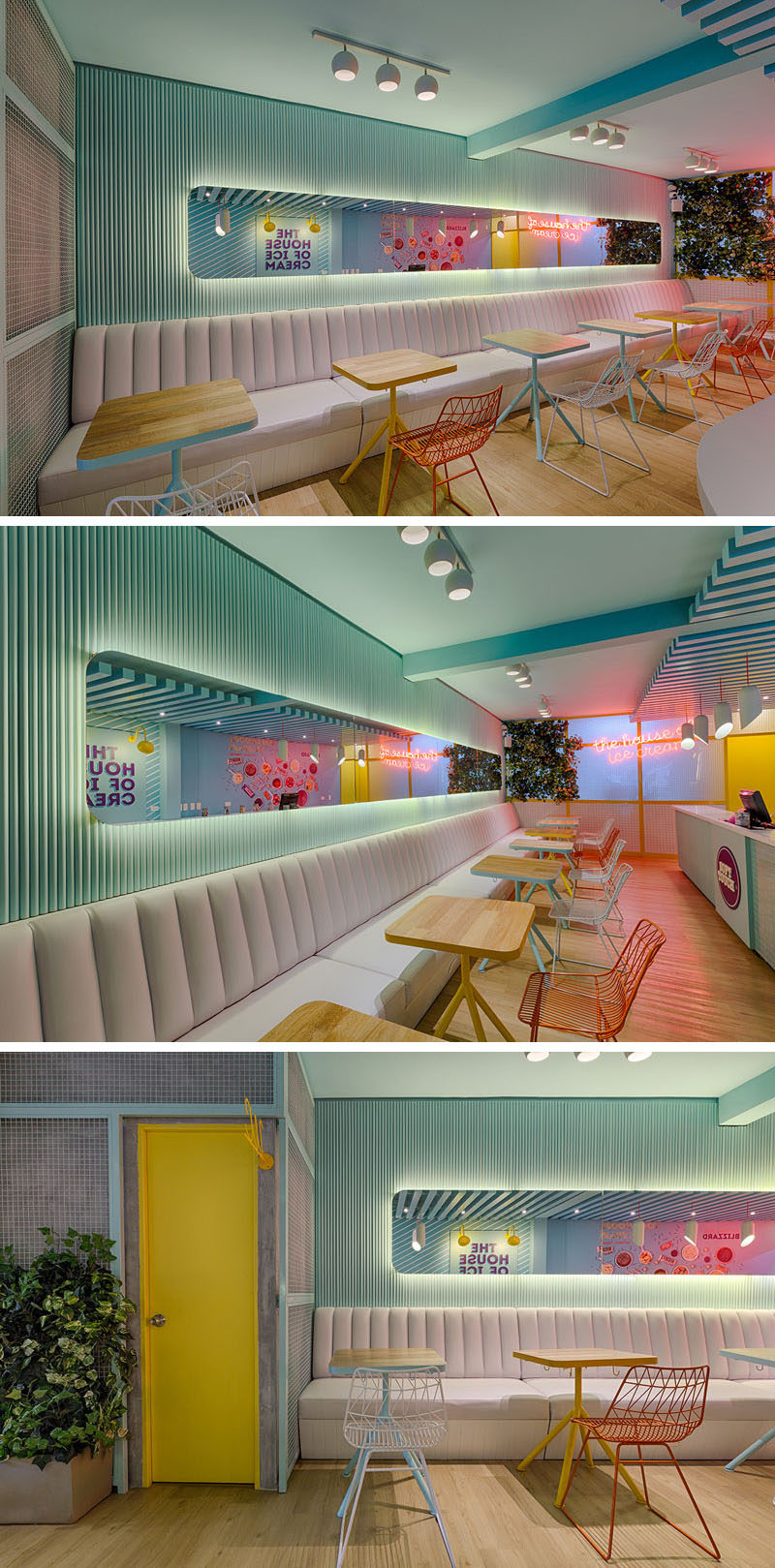 This modern ice cream store has a banquette of white seating with colorful tables and chairs that line the wall. Above the seating, there's a backlit long horizontal mirror that reflects the graphics and neon signage. #RetailDesign #IceCreamShop
