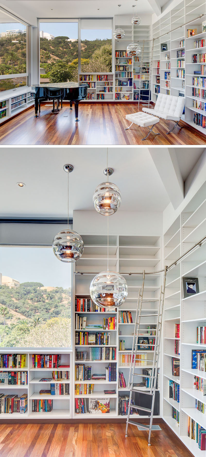 This modern home library has walls filled with open shelving and windows that look out to the neighborhood. #ModernLibrary #HomeLibrary #Shelving