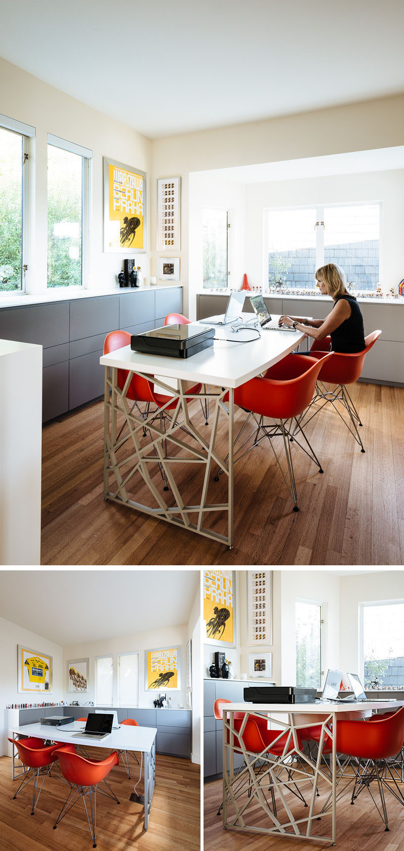 This modern home office has been designed with the desk in the middle of the room, while cabinets line the lower half of the wall. #ModernHomeOffice