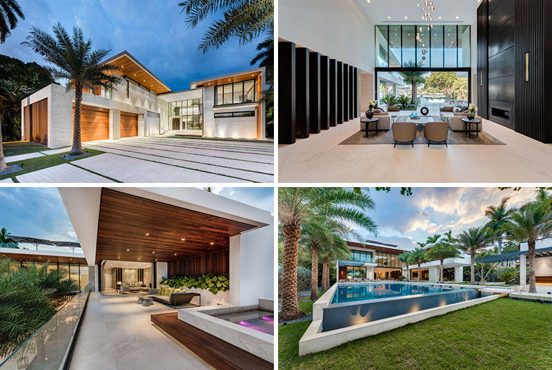 A single-family residence with a white facade accented by Ipe wood siding.