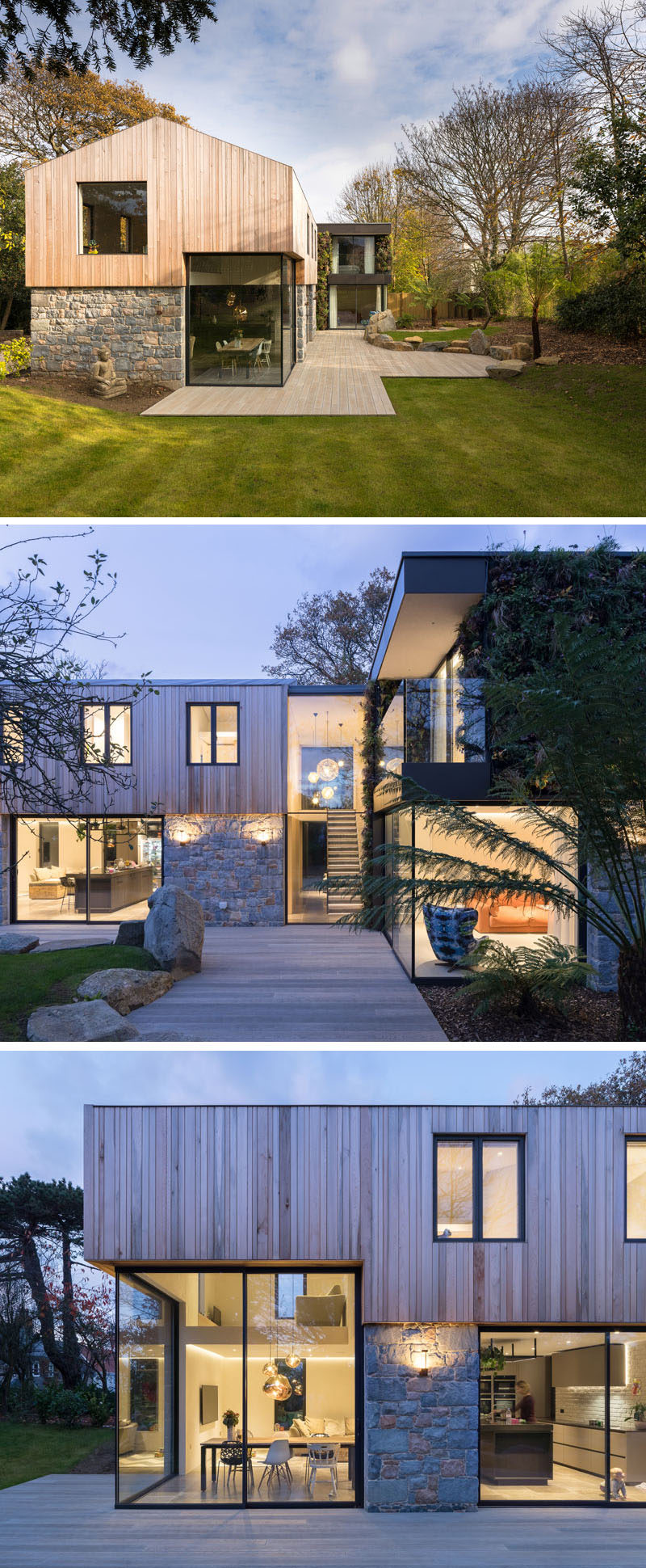 The first floor of this modern house is clad in cedar, and large windows fill the interior of the home with natural light. #Architecture #ModernHouse #Cedar 