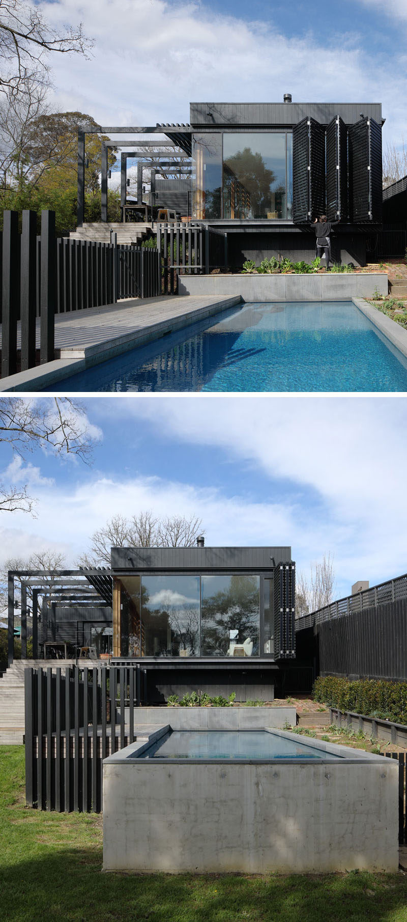 This modern extension sits at the rear of the house, drew on inspiration from modernist houses from Scandinavia and has an exterior of Accoya timber that's been stained black. #ModernExtension #SwimmingPool #Shutters