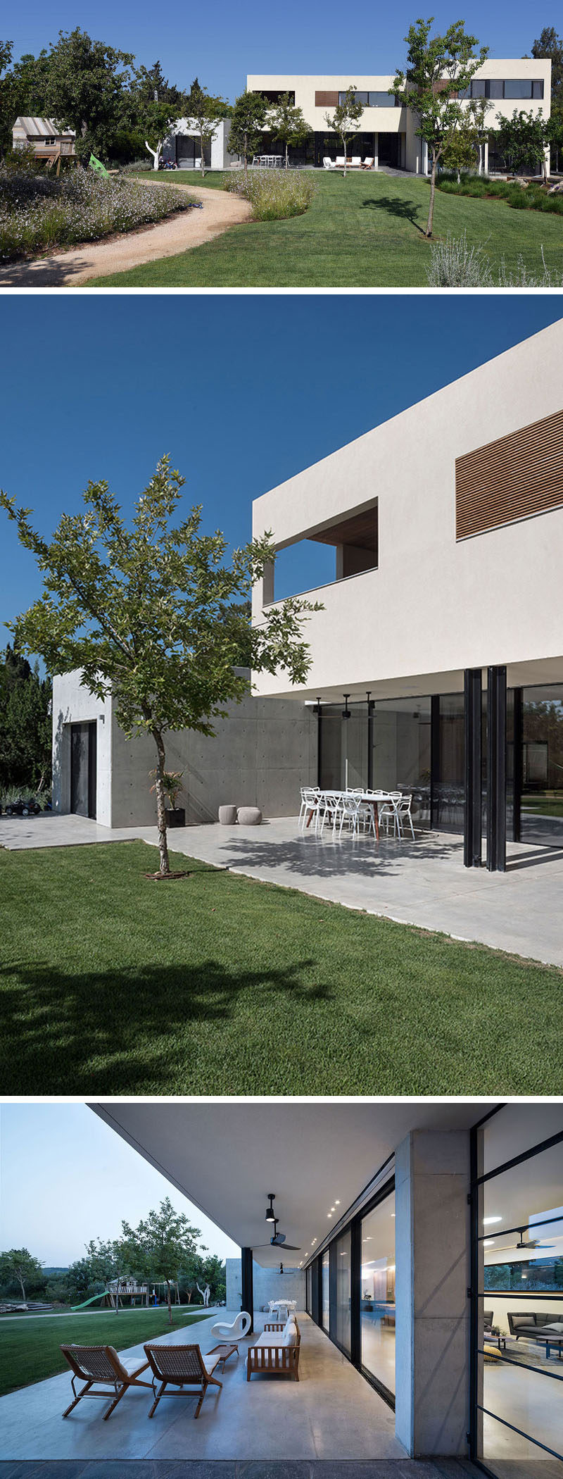 This modern house has a large backyard and a partially covered patio area for outdoor dining and lounging.